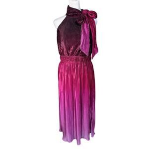 Anne Klein Purple/Pink Ombre Pleated Tie Neck Midi Cocktail Dress Size 4 NWT